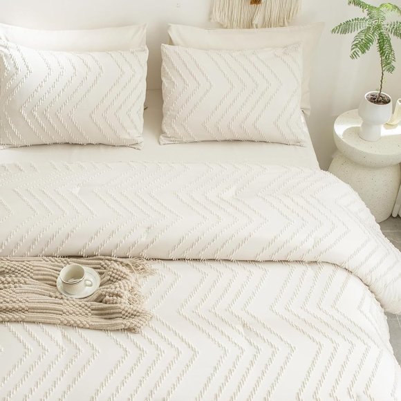 Chevron Tufted Cream Natural White Ivory Full Size Bed Zigzag 3 pc Comforter Set - Picture 1 of 12